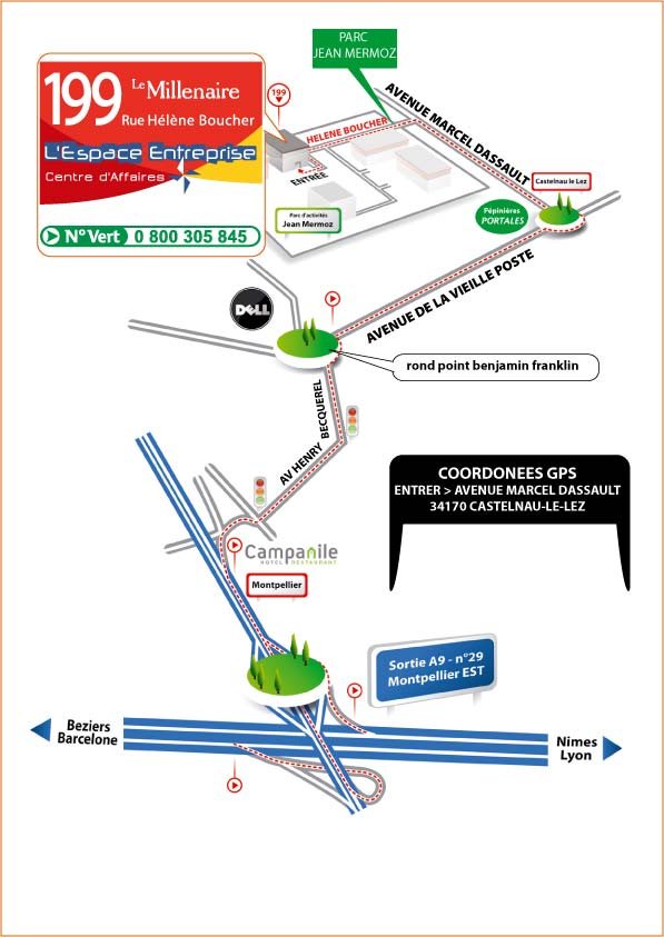 Plan d'accès routier au centre Espace Entreprise à Montpellier