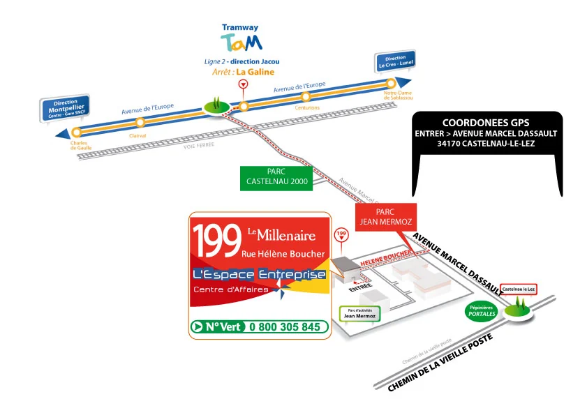 Plan d'accès en tramway au centre Espace Entreprise Millénaire à Castelnau-le-Lez