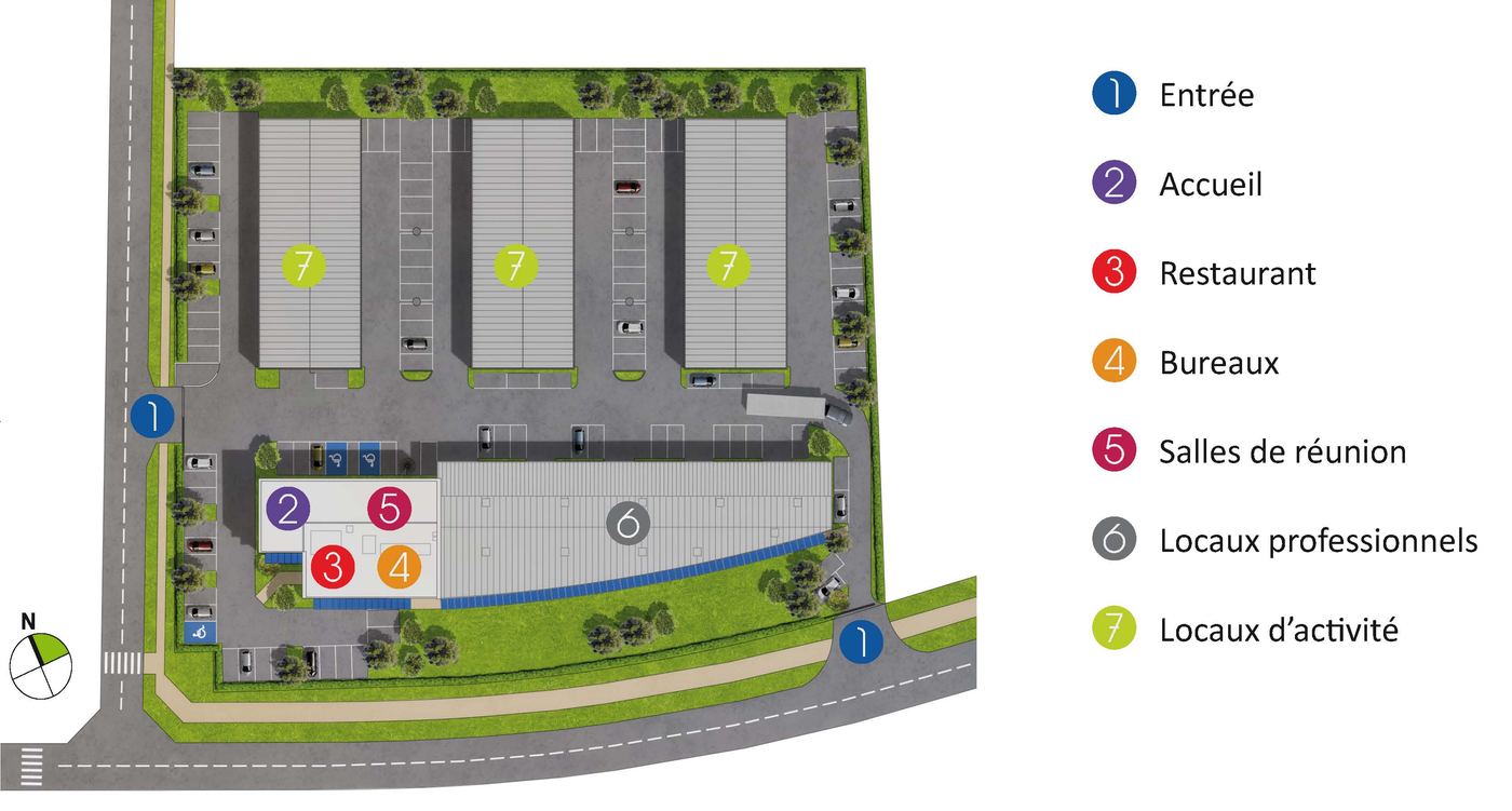 Plan du site Espace Entreprise Garosud avec l'entrée, l'accueil, le restaurant, les bureaux, les salles de réunion et les locaux d'activité
