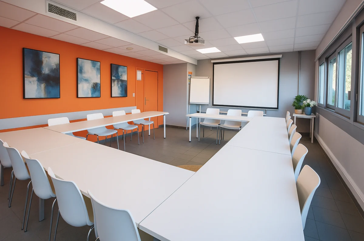 Salle Pic Saint-Loup avec écran de projection et vidéoprojecteur au plafond